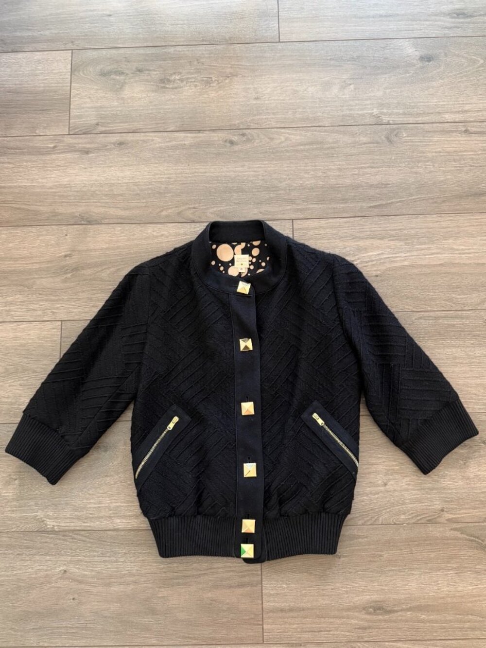 Lauren Moffatt Black Textured Knit Bomber Jacket with Gold Stud Buttons Size S